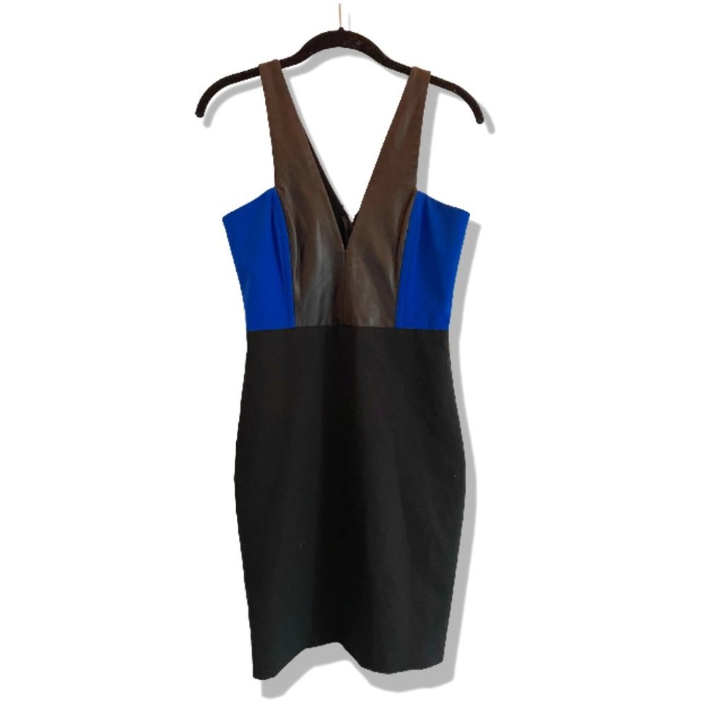 Mason by Michelle Mason Blue Black Cobalt Leather Combo Cocktail Dress